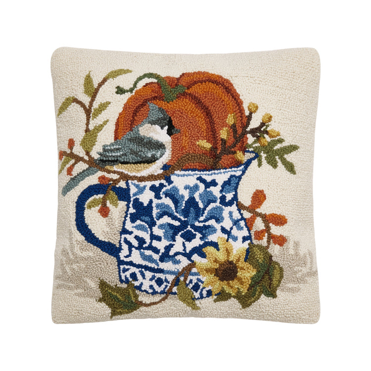 Fall Bird & Pumpkin Hooked Pillow