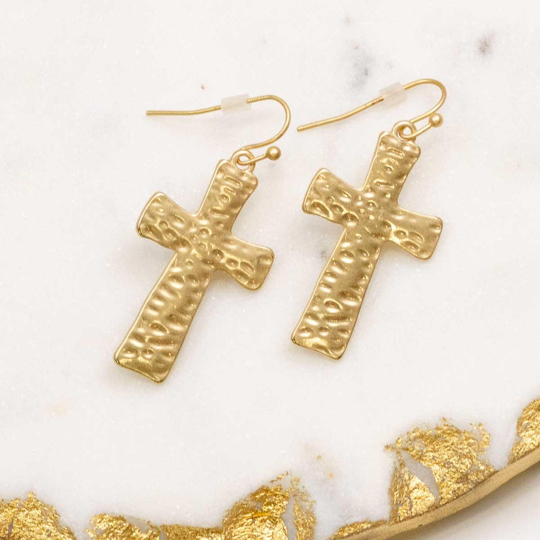 Hammered Gold Cross Earrings