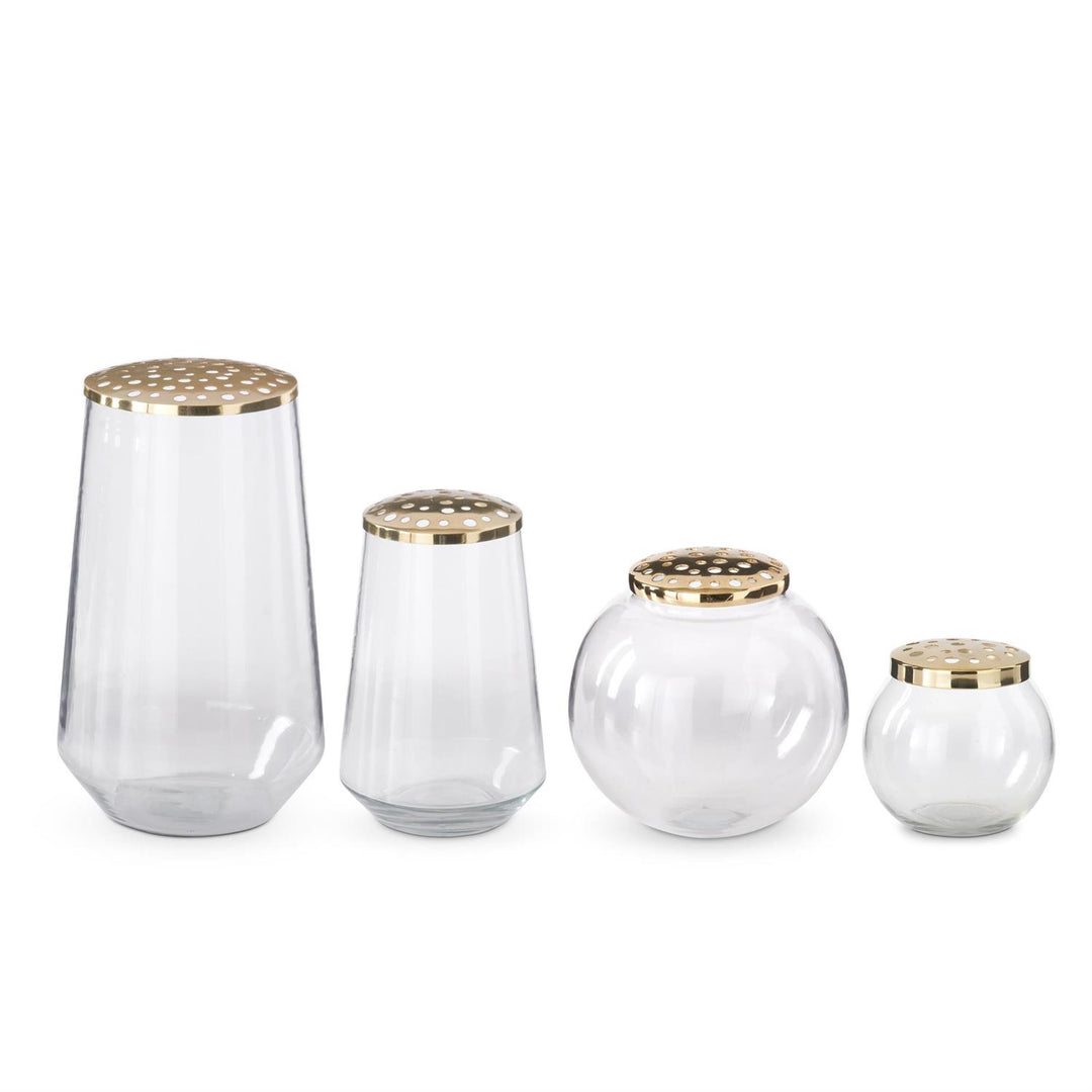 Clear Glass Vases w/Gold Floral Frog Tops