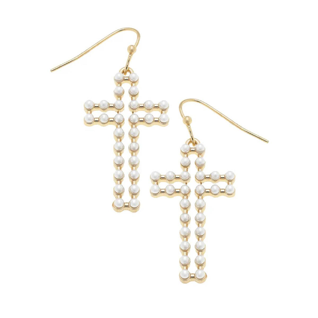 Open Pearl Cross Earrings