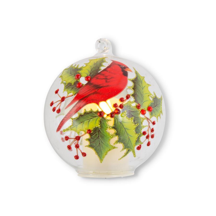 Clear Glass Cardinal & Holly Ornament