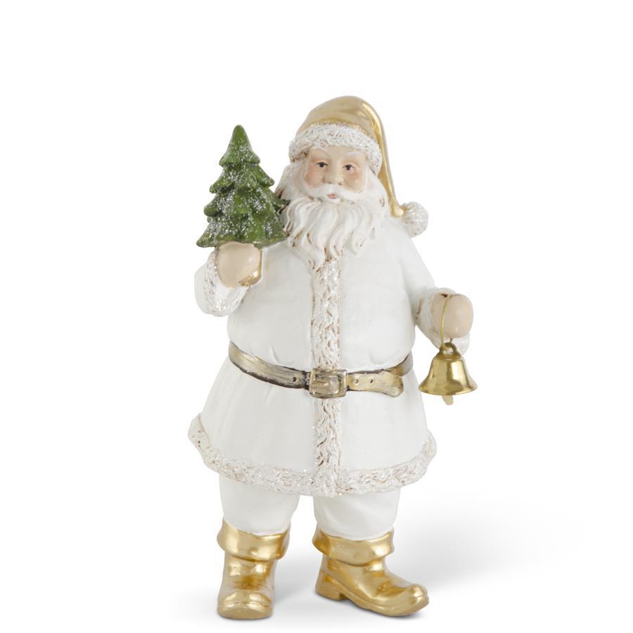 White & Gold Resin Santa w/Tree & Bell