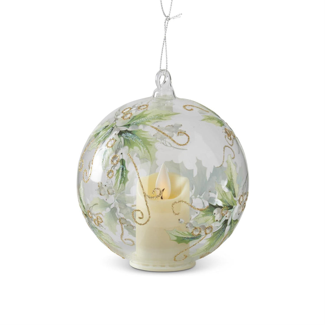 LED Holly & White Berries Clear Glass Ornament