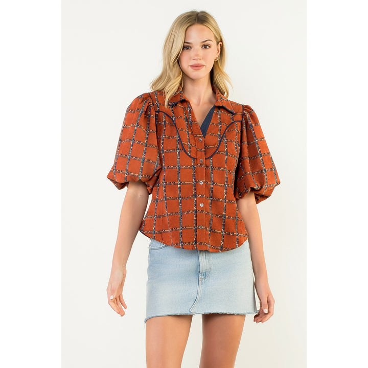 Rust Plaid Puff Sleeve Top