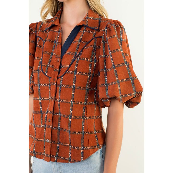 Rust Plaid Puff Sleeve Top