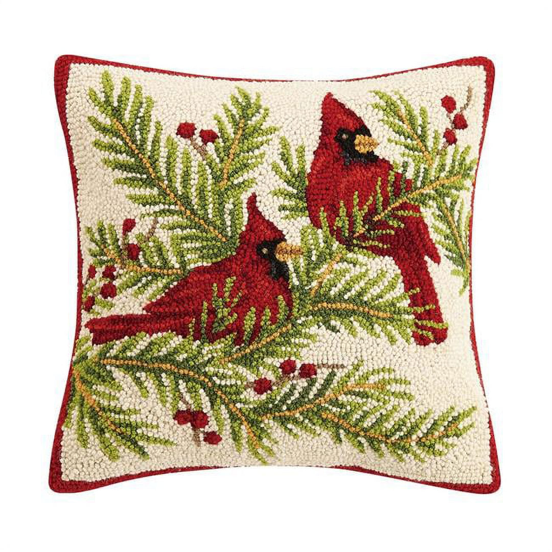 Pine and Cardinal Hooked Pillow (16x16)