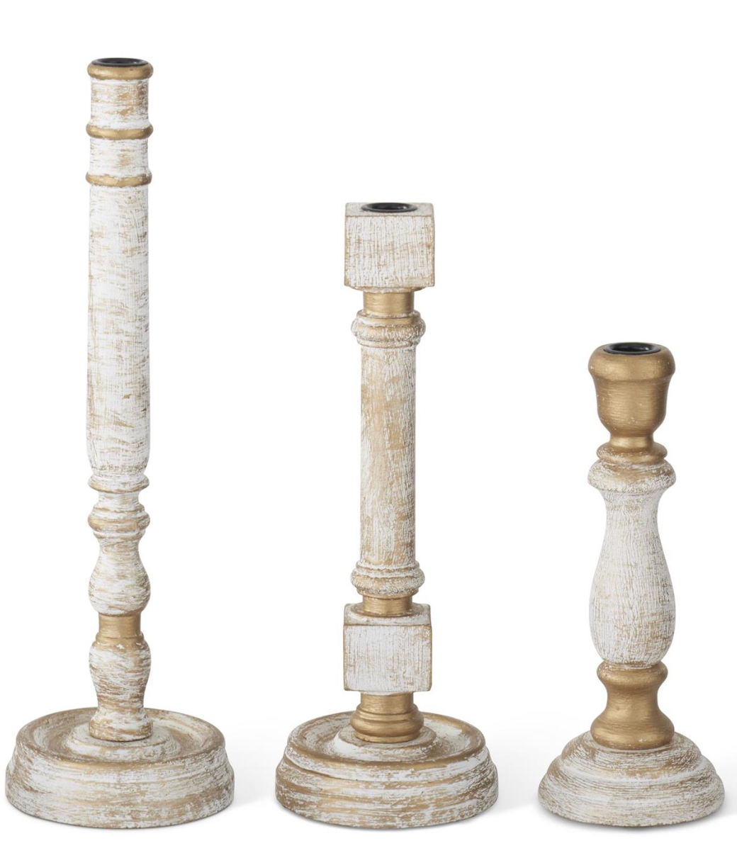 Whitewashed Gold Wood Taper Candleholders