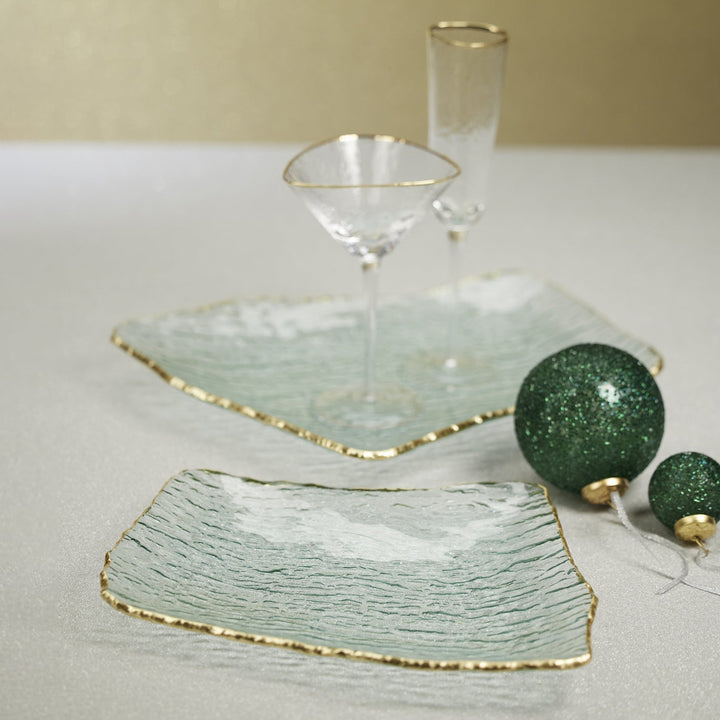 Textured Rectangular Organic Shape Plate with Jagged Gold Rim