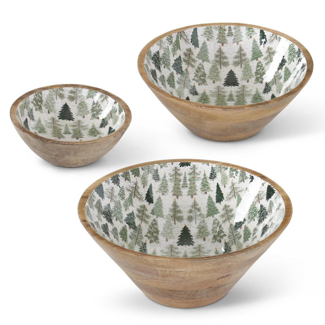 Wood Bowls with  Enameled Christmas Trees