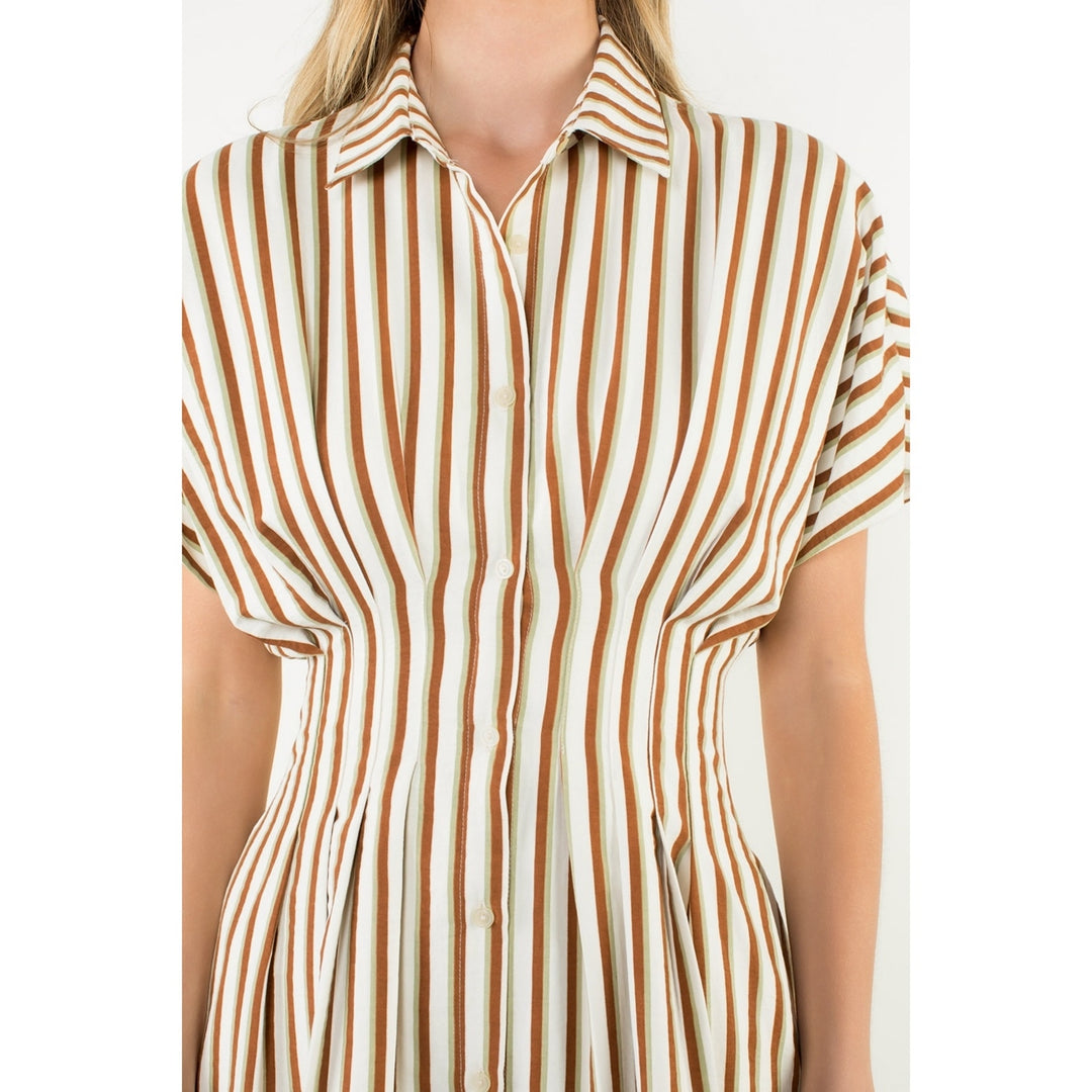 Striped Pintuck Button-Up Maxi Dress