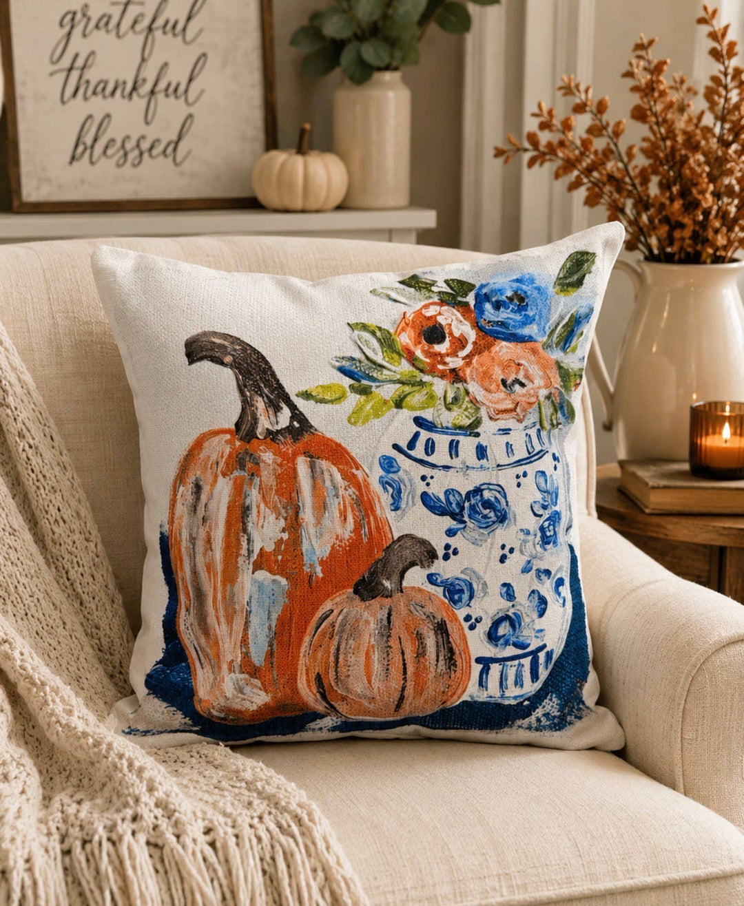 Chinoiserie Vase & Pumpkins Pillow