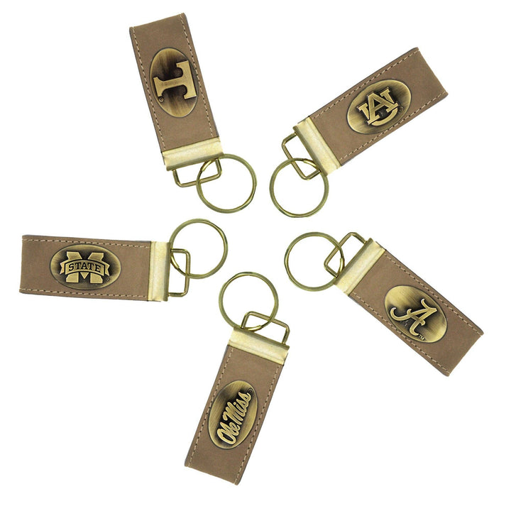 Collegiate Leather Key Fob. Crazyhorse Full Grain Leather With Antique Brass Logo. Alabama, Auburn, Ole Miss, Mississippi State, Tennessee.