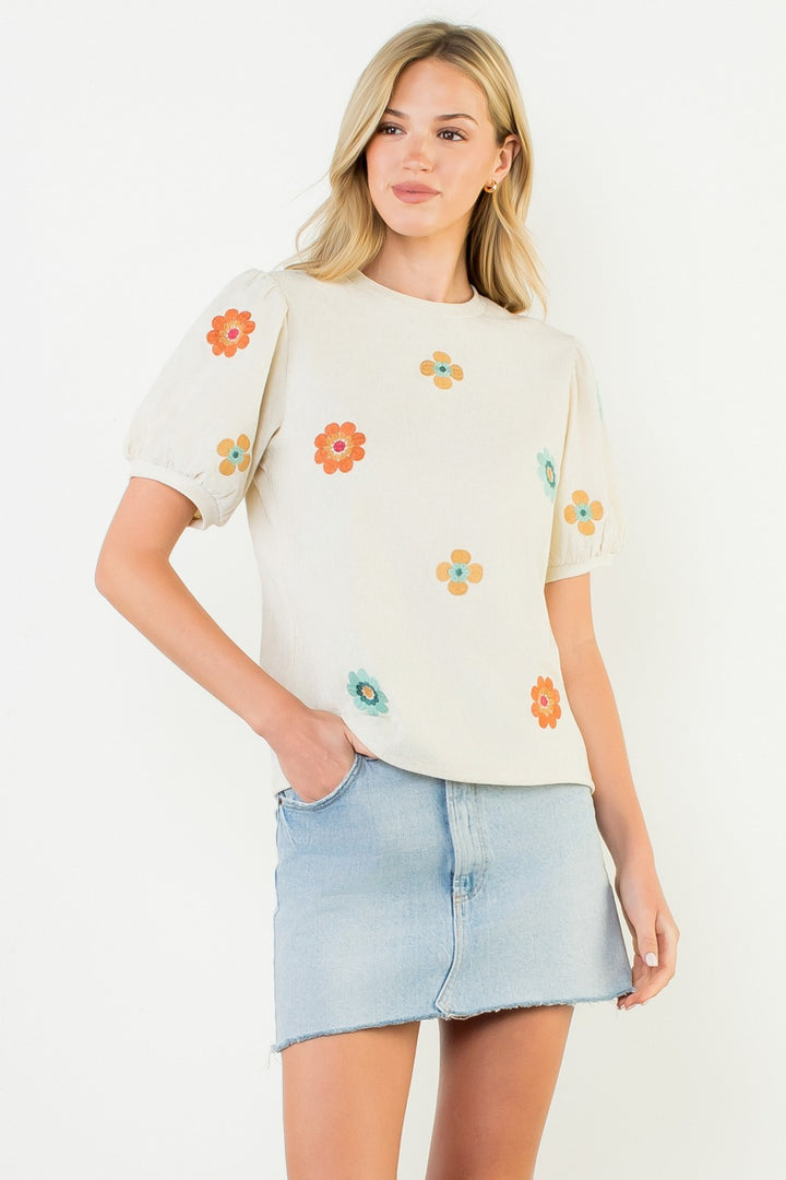 Flower Embroidered Detail Suede Top
