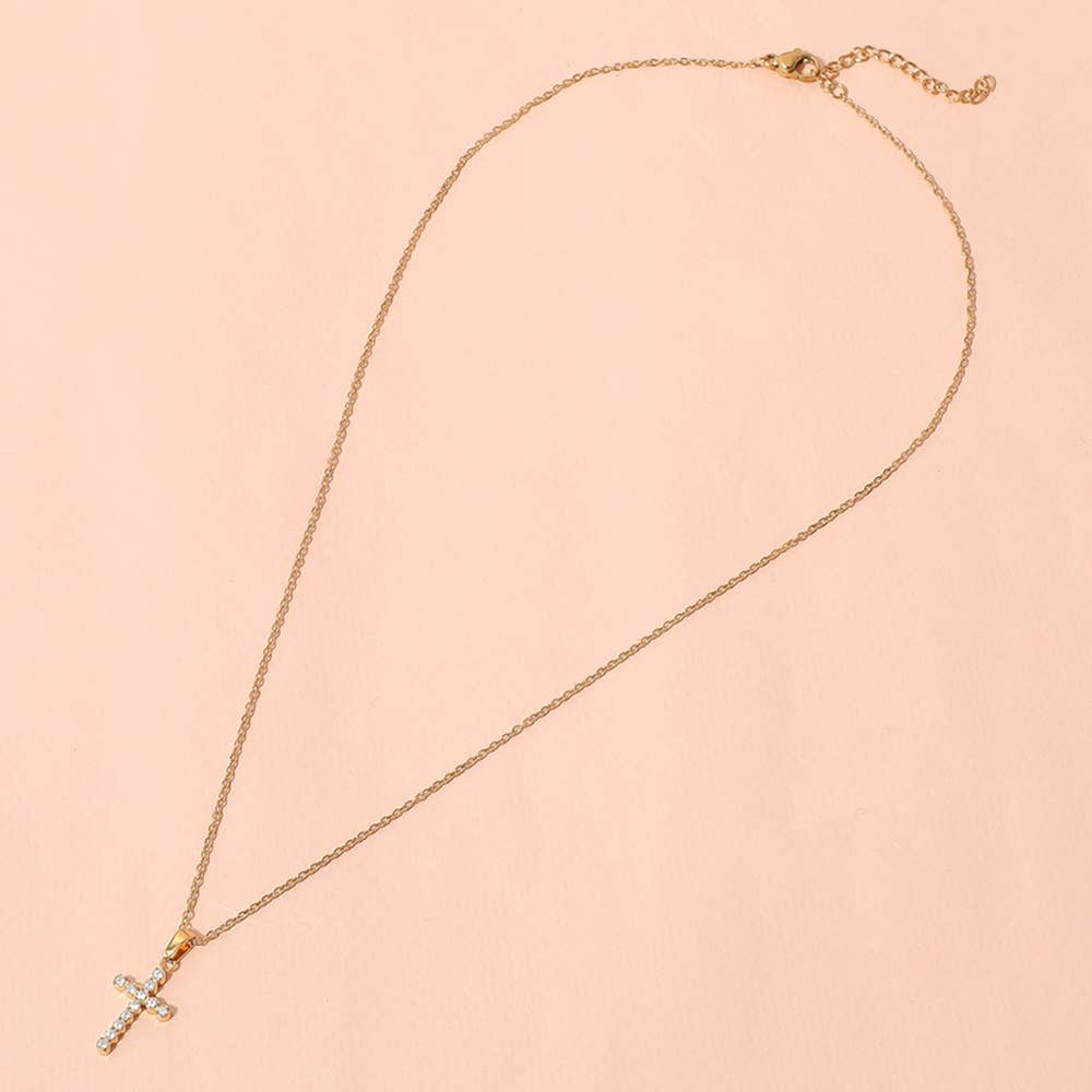 Stainless Steel Stone Paved Cross Pendant Necklace