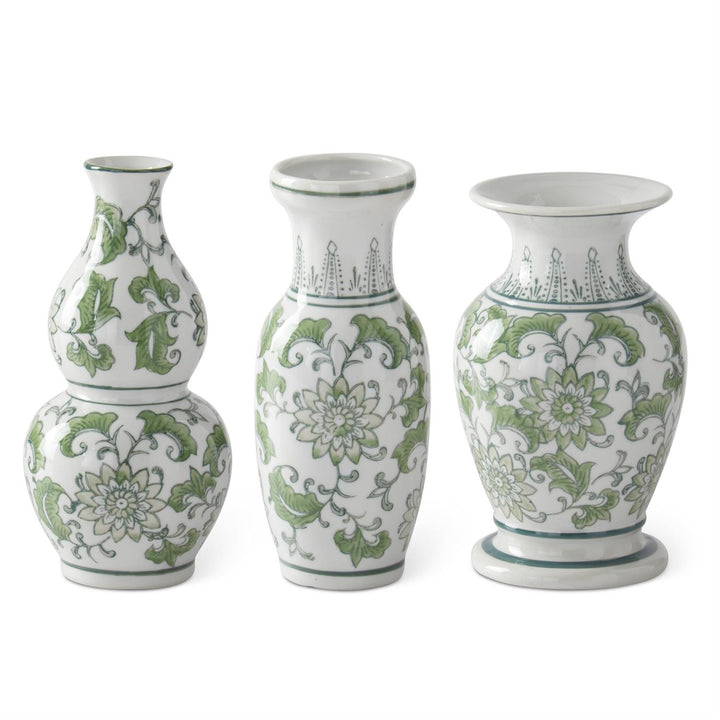 Green & White Ceramic Chinoiserie Bud Vases