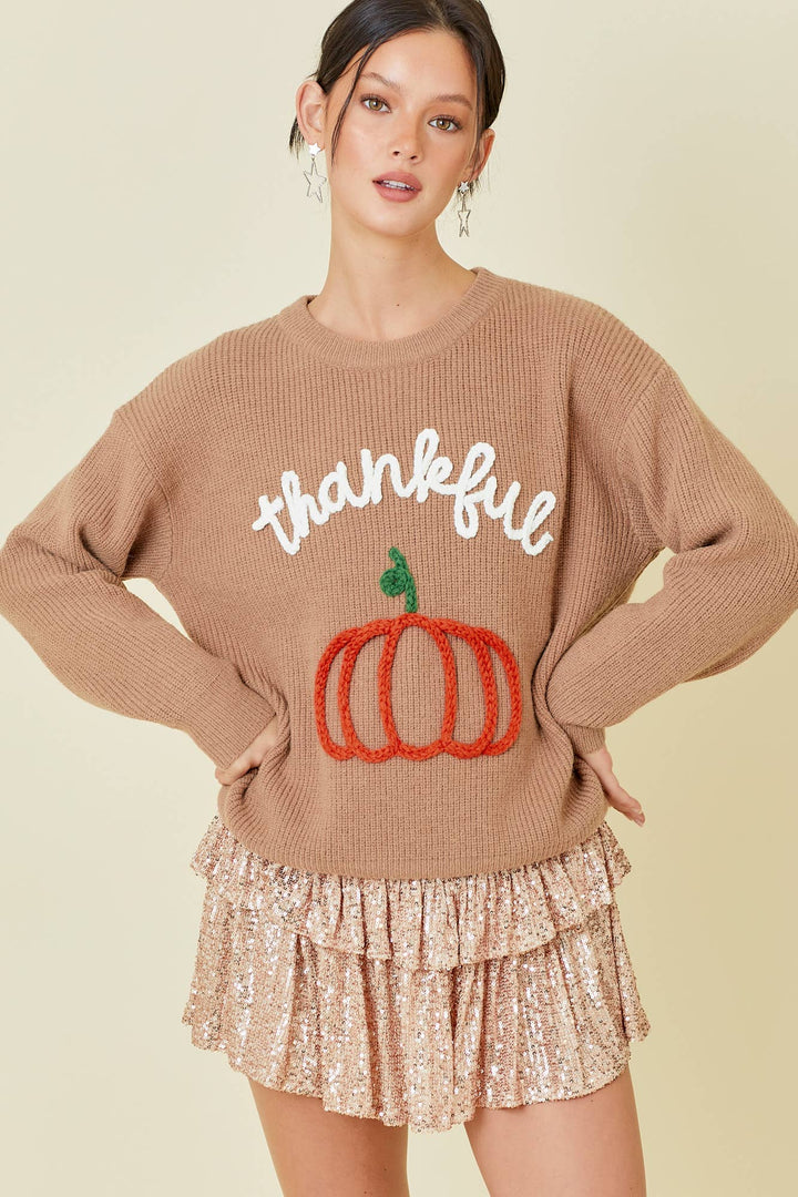 Thankful Pumpkin Embroidered Sweater