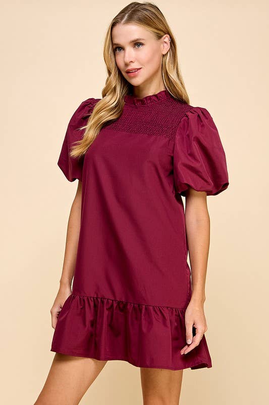 Puff Sleeve Ruffle Hem Shift Dress