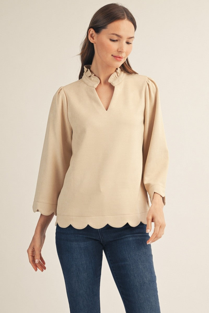 Scallop Edge Detail Faux Suede Top