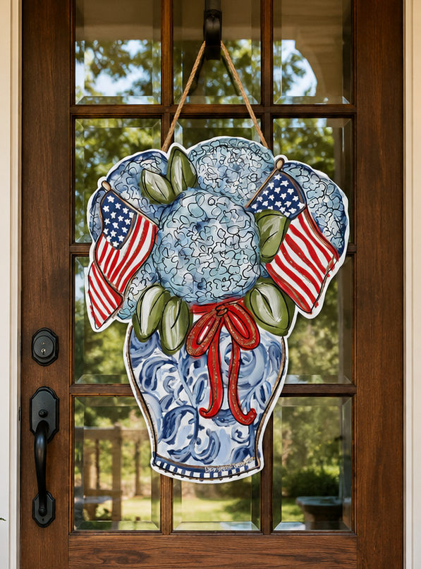 Hydrangea with Flags Door Hanger