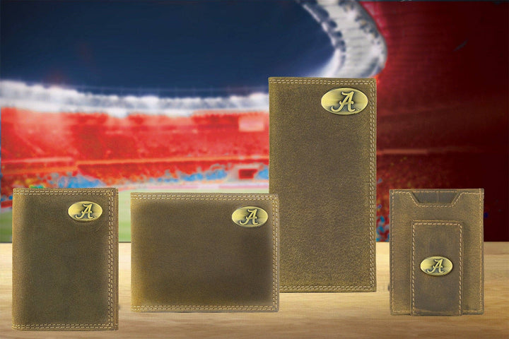 Collegiate Leather Key Fob. Crazyhorse Full Grain Leather With Antique Brass Logo. Alabama, Auburn, Ole Miss, Mississippi State, Tennessee.