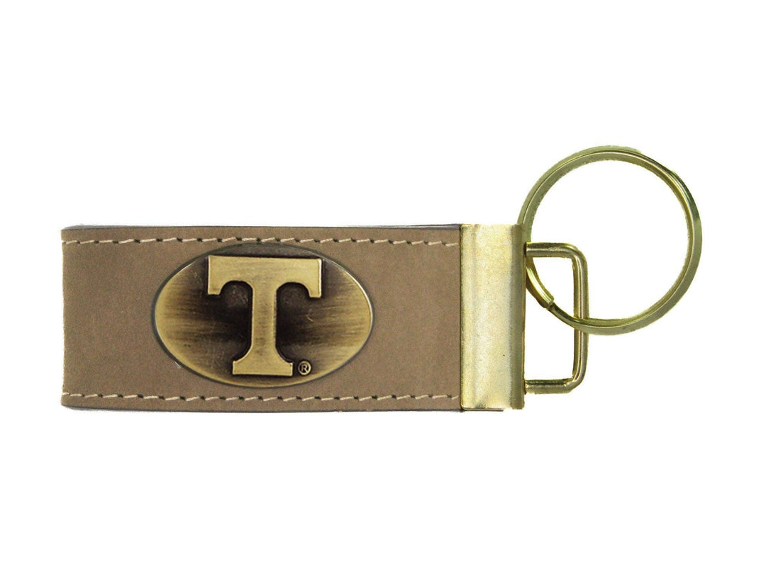 Collegiate Leather Key Fob. Crazyhorse Full Grain Leather With Antique Brass Logo. Alabama, Auburn, Ole Miss, Mississippi State, Tennessee.