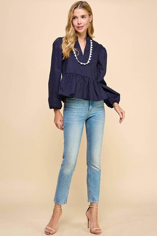 Split V Neck Long Sleeve Top