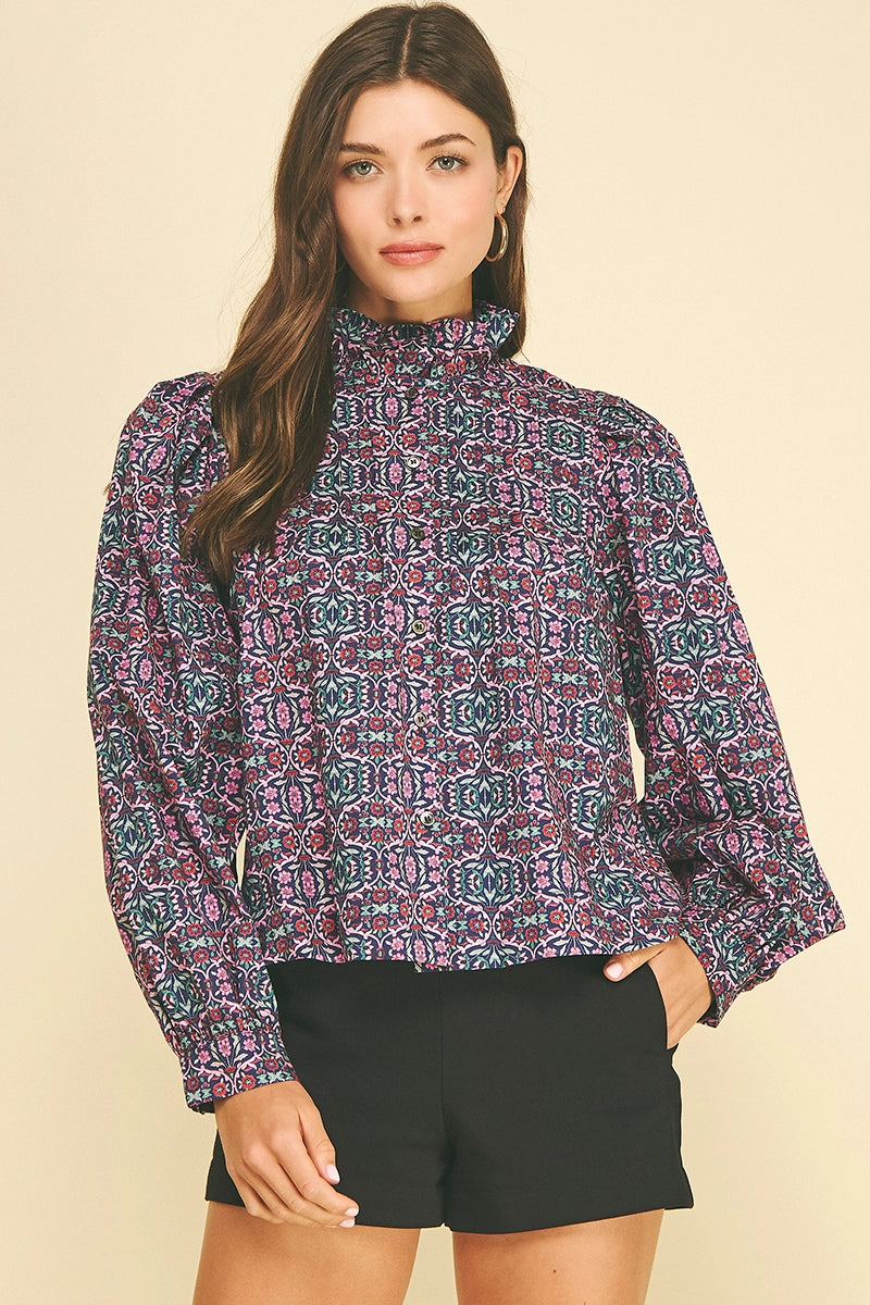 Geometric Floral Ruffled Mock Neck Blouse