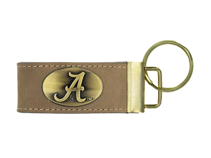 Collegiate Leather Key Fob. Crazyhorse Full Grain Leather With Antique Brass Logo. Alabama, Auburn, Ole Miss, Mississippi State, Tennessee.