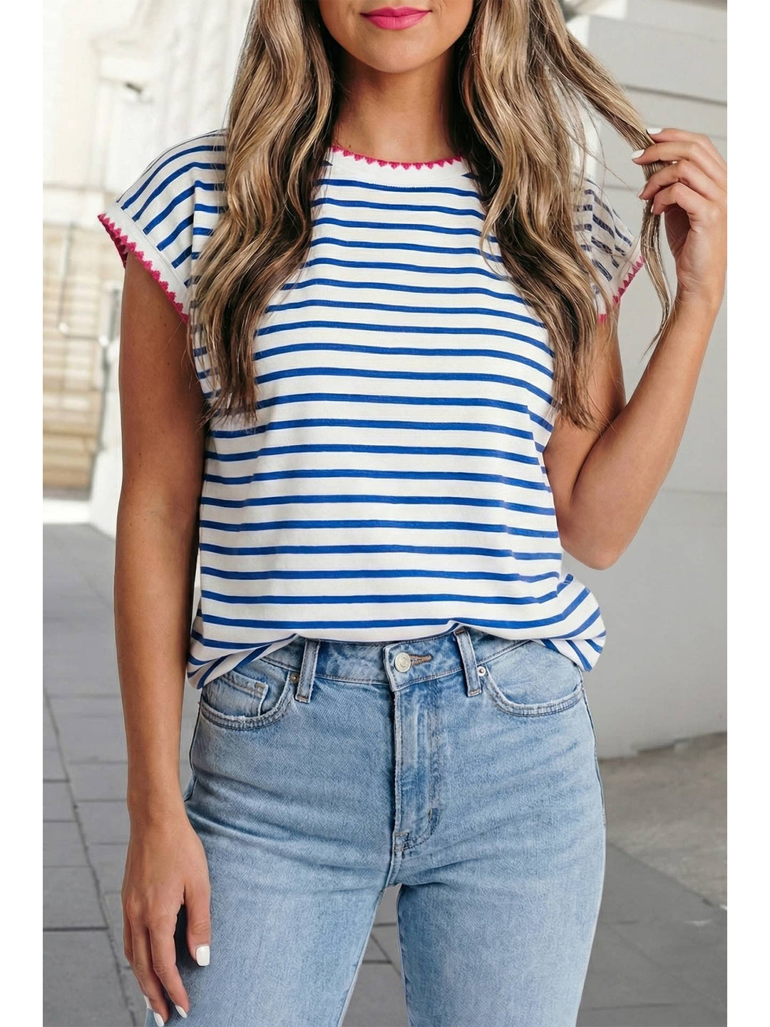 Stripe Contrast Trim Round Neck Cap Sleeve Tee