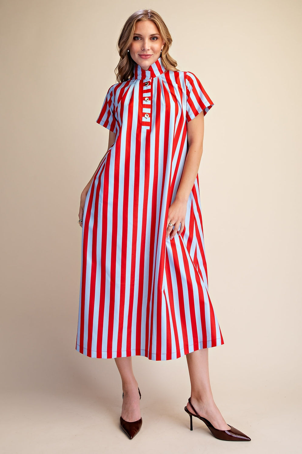 Stripe High Neck Midi Dress