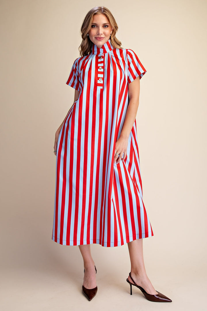 Stripe High Neck Midi Dress