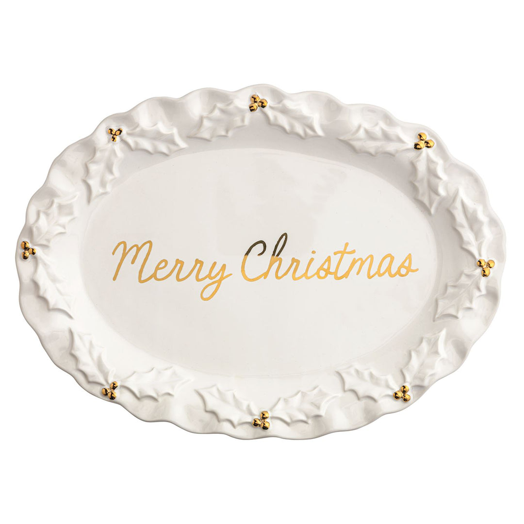 Gold Holly Merry Christmas Platter