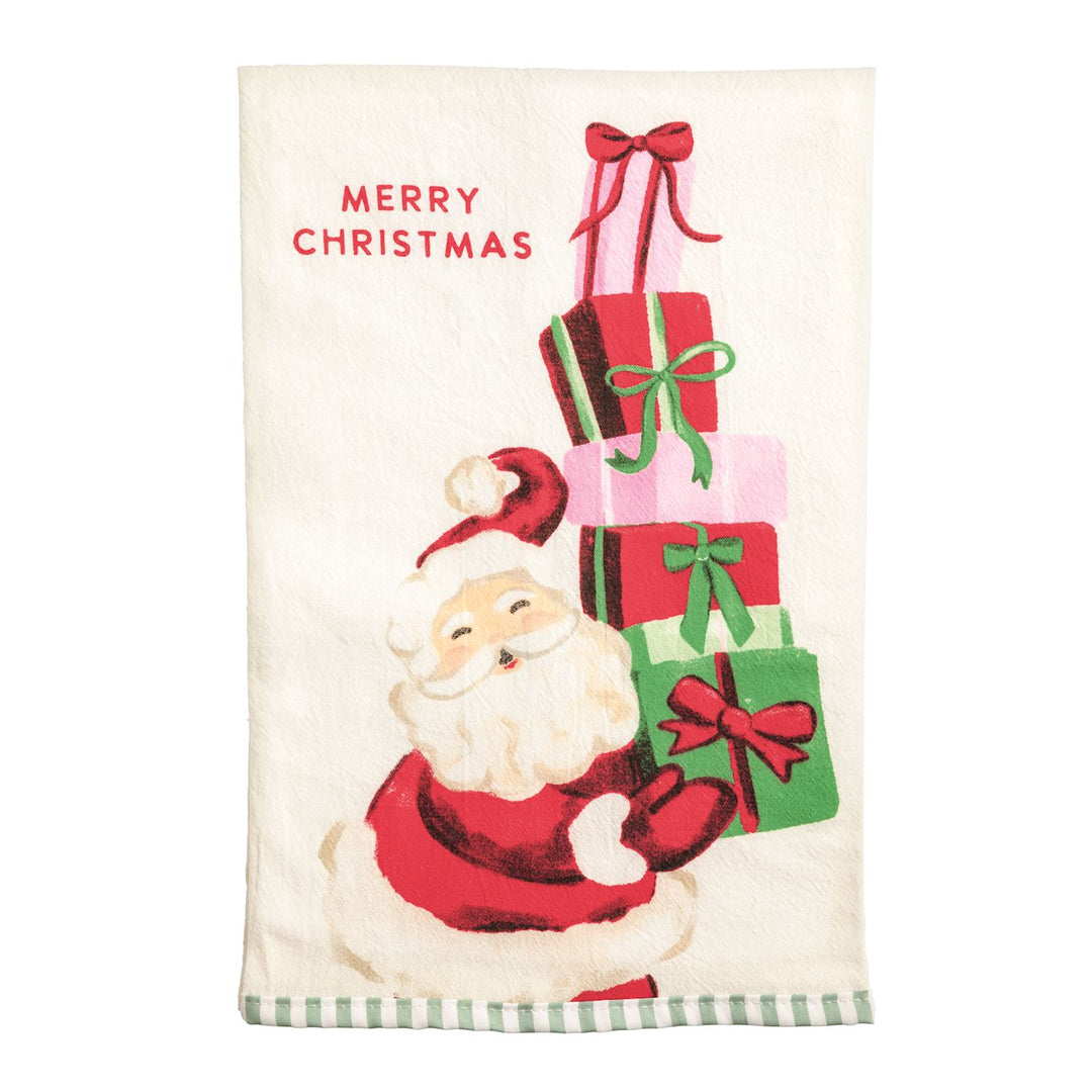 Santa With Presents Whimsy Christmas Tea Towel