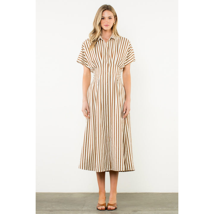 Striped Pintuck Button-Up Maxi Dress