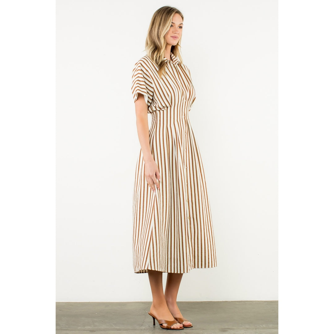 Striped Pintuck Button-Up Maxi Dress