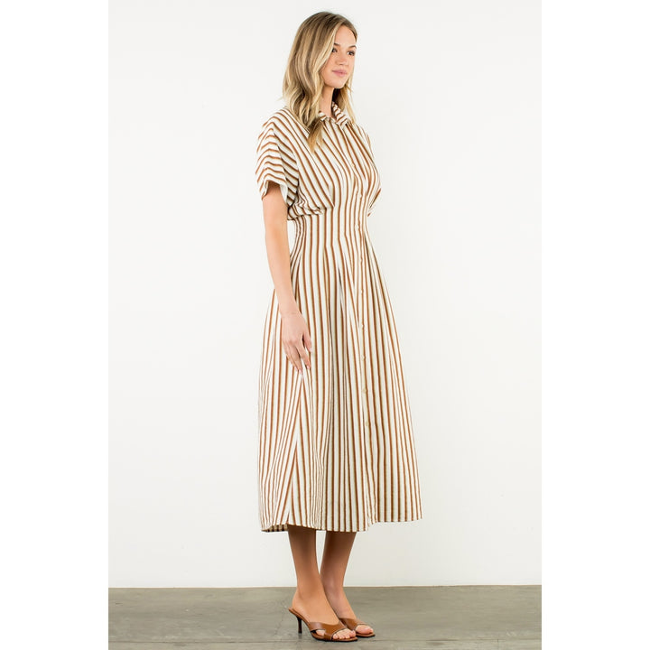 Striped Pintuck Button-Up Maxi Dress