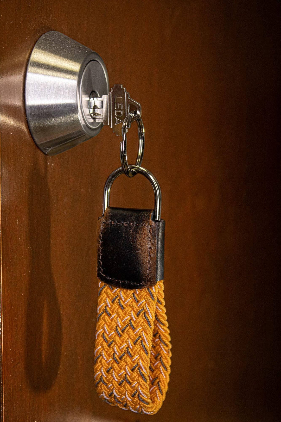 Braided Stretch Woven Orange and Gray Keychain