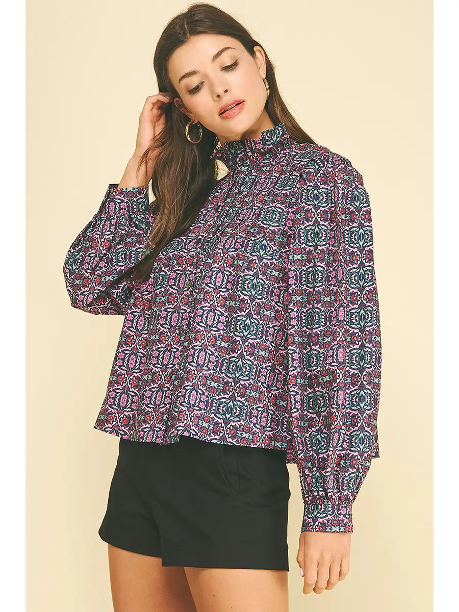 Geometric Floral Ruffled Mock Neck Blouse