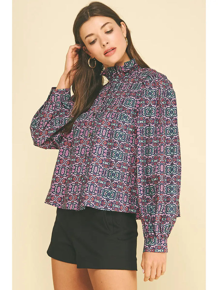 Geometric Floral Ruffled Mock Neck Blouse