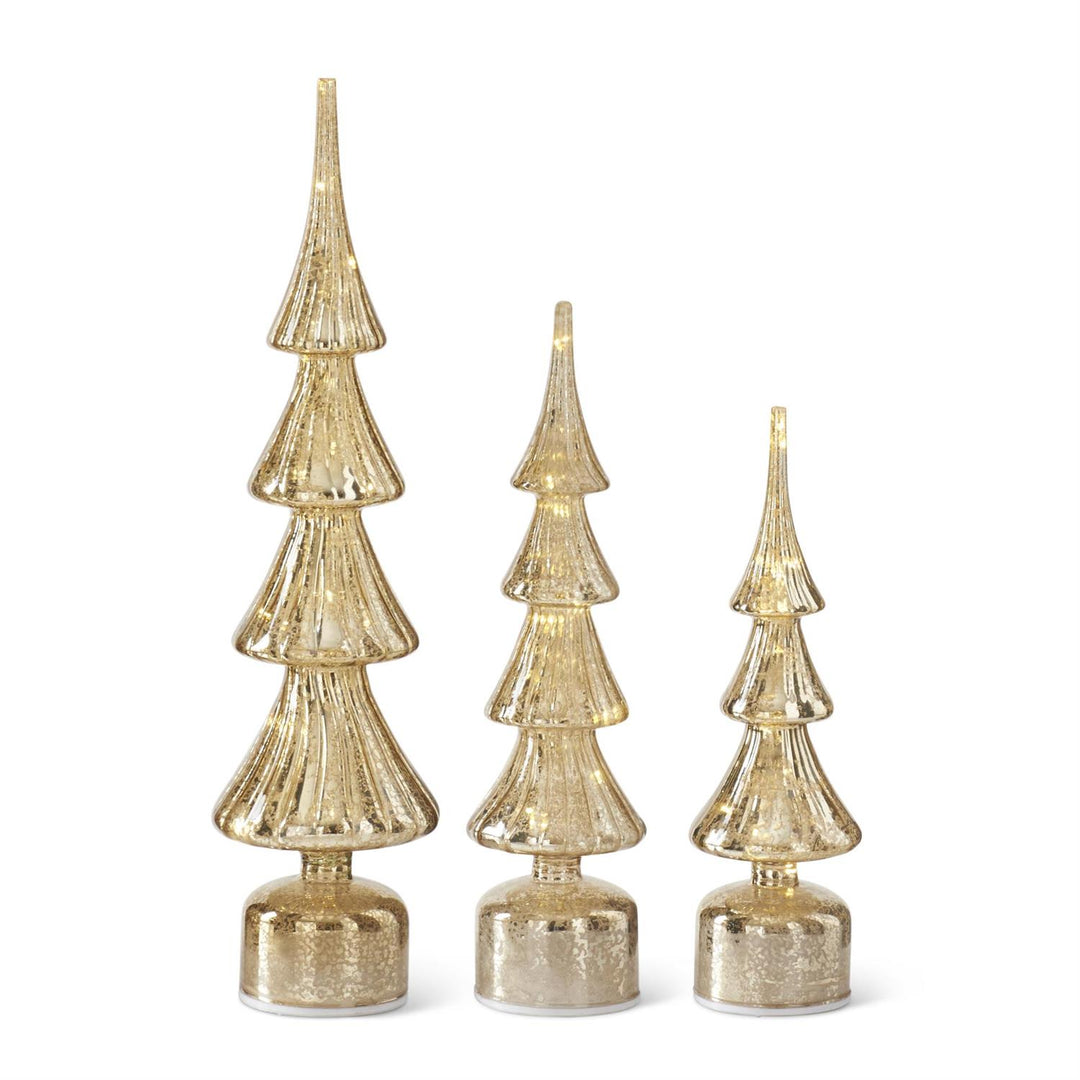 Rotating Ribbed Gold Mercury Glass LED Trees w/Timers