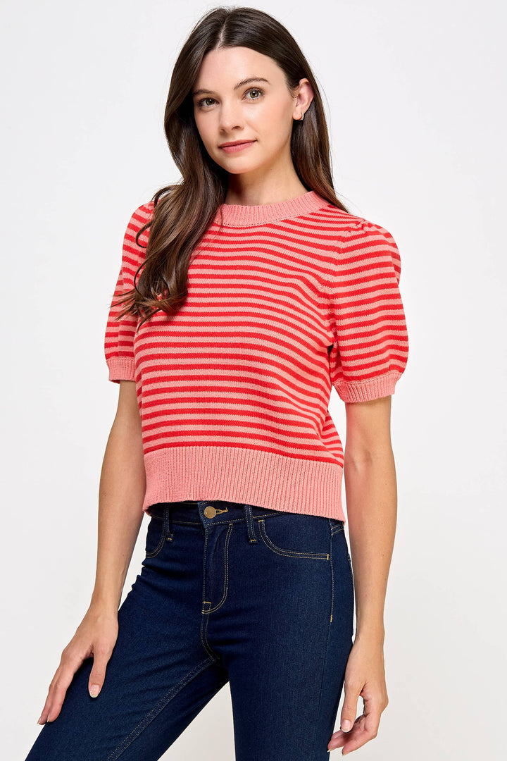 Pink Stripe Short Sleeve Sweater