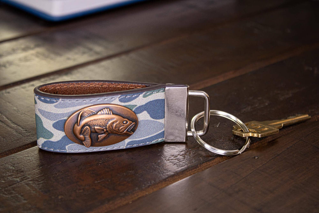 Bass Fishing Old School Camo Leather Loop Keychain.
