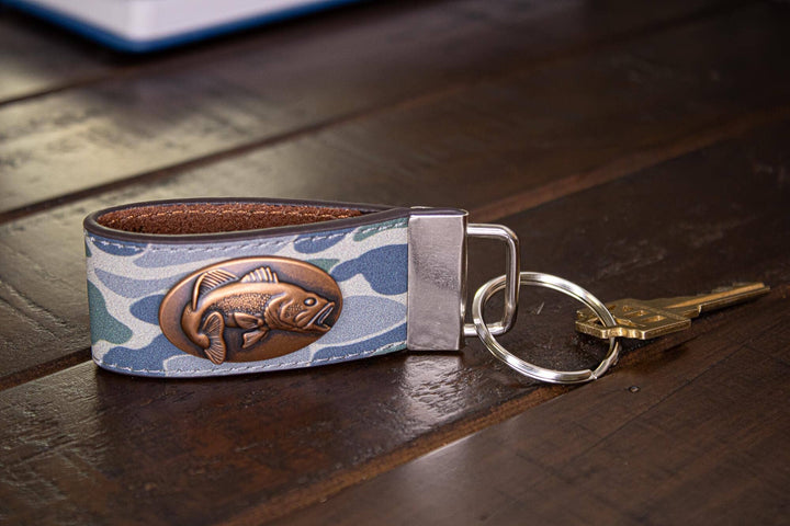 Bass Fishing Old School Camo Leather Loop Keychain.