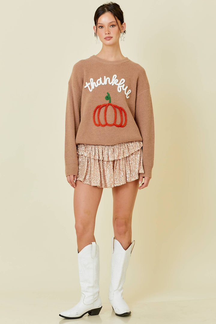 Thankful Pumpkin Embroidered Sweater