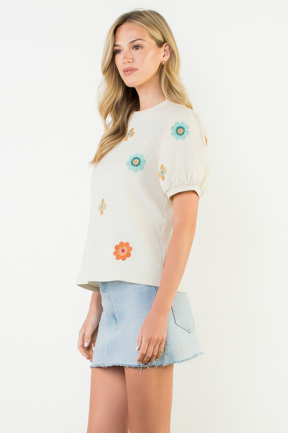 Flower Embroidered Detail Suede Top