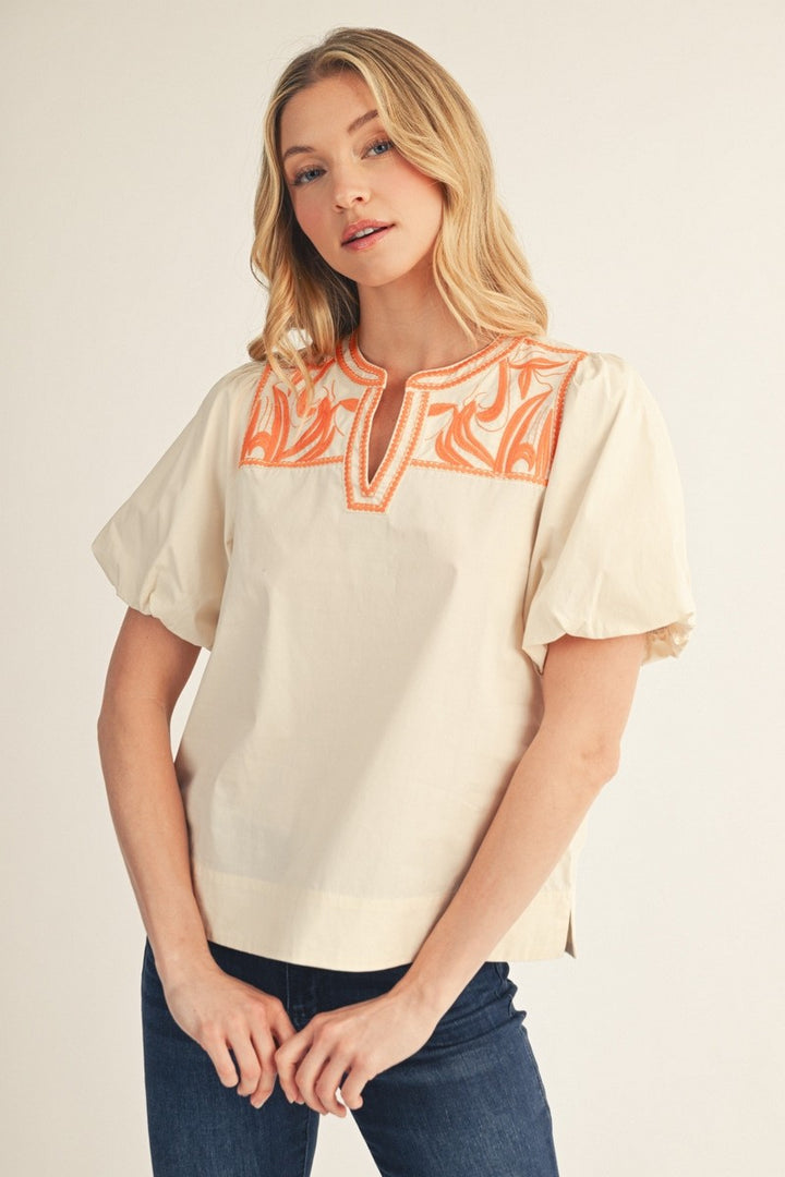 Orange & Cream Puff Sleeve Top