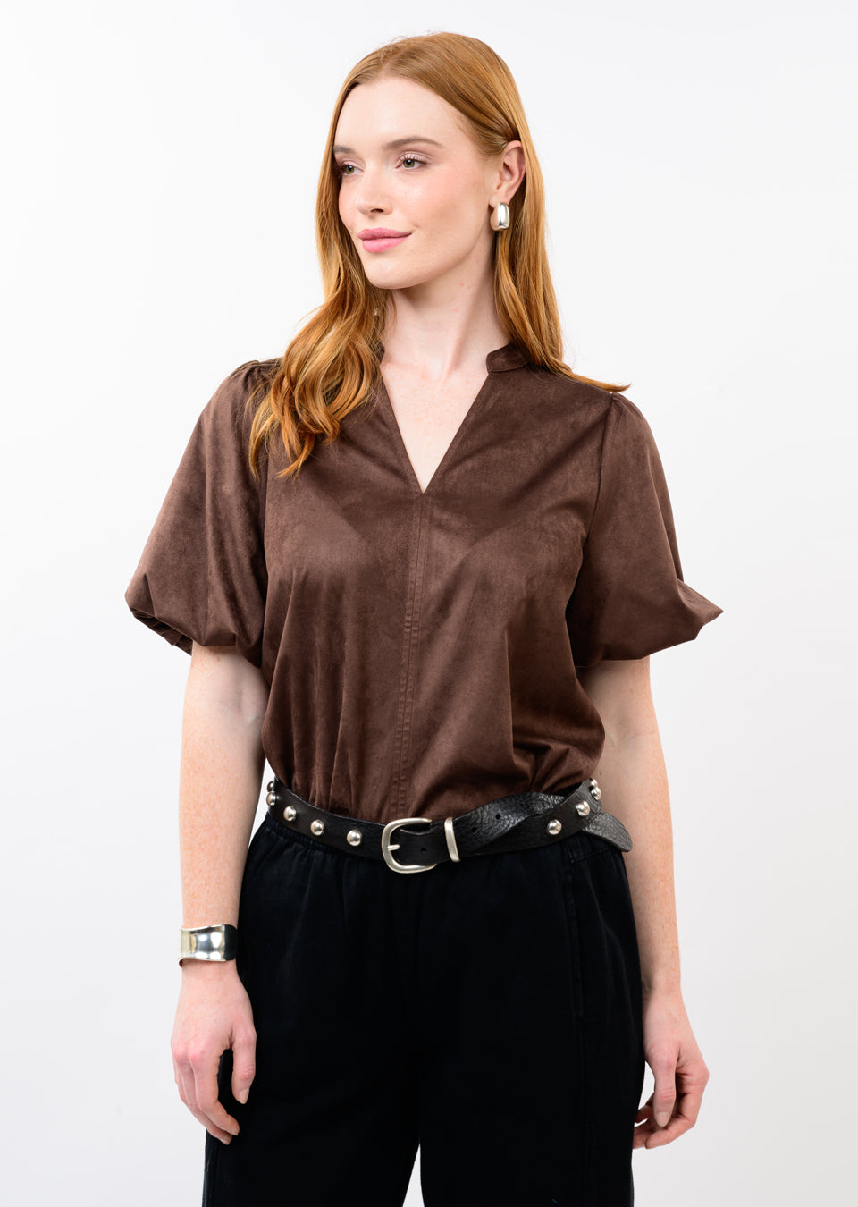 Suede Brown Puff Sleeve Top | Ivy Jane
