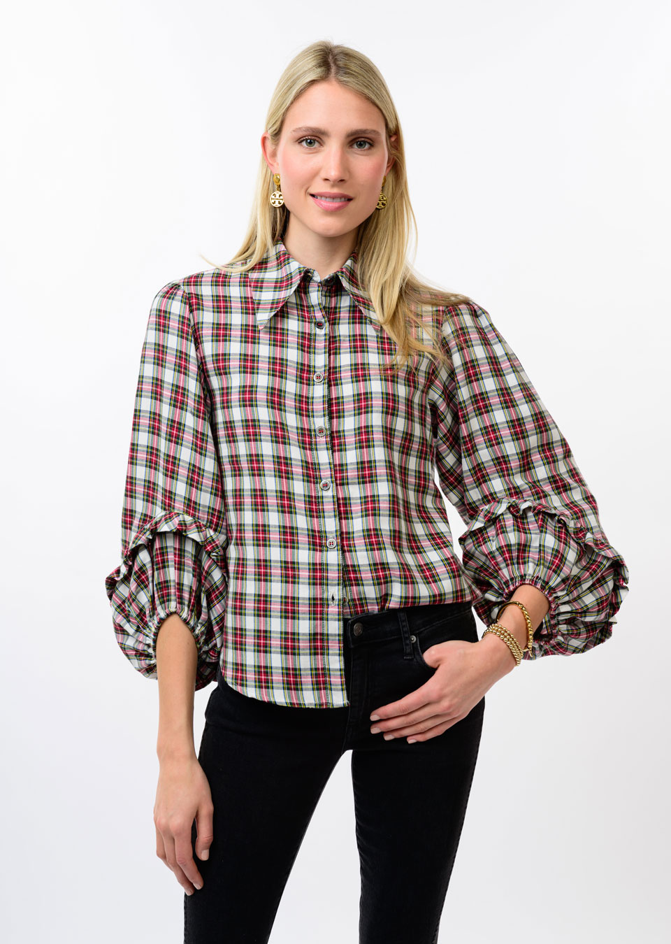 Plaid Balloon Sleeve Top