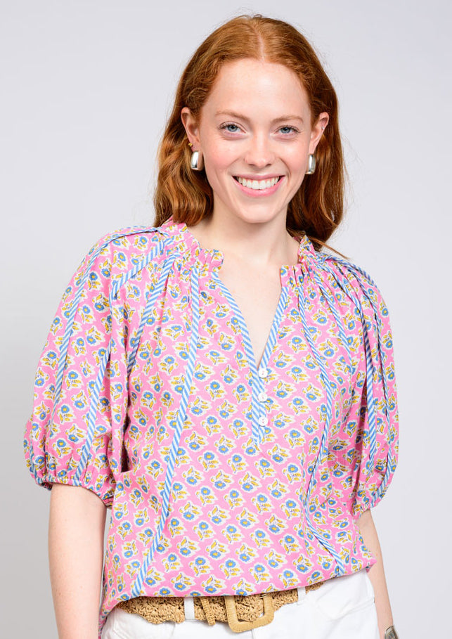 Ivy Jane Striped Floral Trim Top