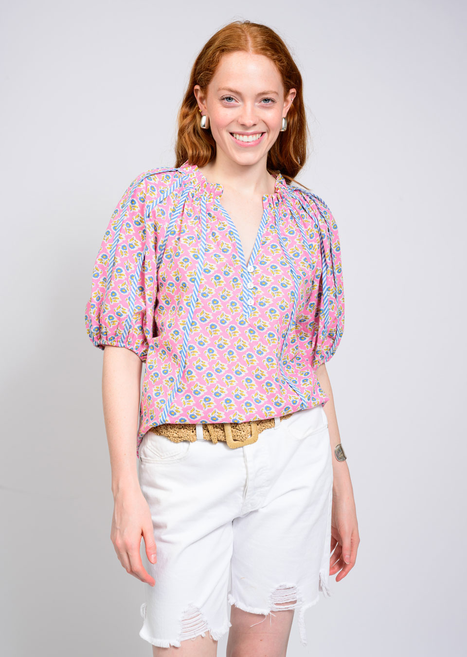 Ivy Jane Striped Floral Trim Top